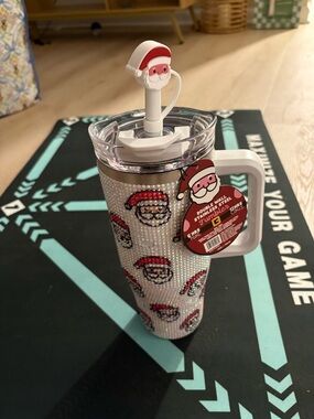 Christmas Santa Rhinestone Travel Tumbler with Straw— NWT